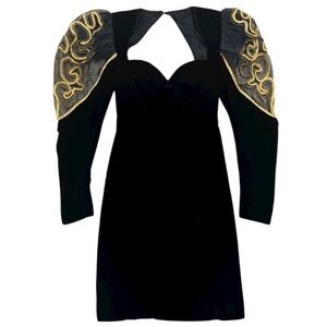 BEBE Vintage Black Velvet Midi Dress Gold Puffy Sheer Sleeves 80’s Sz 3 4 V Neck